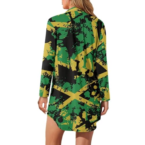 PCSJRKG Jamaican Flag Printed Button Down Pajamas Women Dress, Long Sleeve Nightgowns Comfy Sleepwear T-shirt Sleep Dress for Daily, XL PCSJRKG