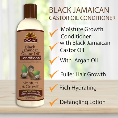 OKAY | Black Jamaican Castor Oil Conditioner | For All Hair Types & Textures | Revive - Moisturize - Grow Healthy Hair | with Argan Oil & Shea Butter | Free Of Parabens, Silicones, Sulfates , PALE YELLOW , 12 Oz Okay