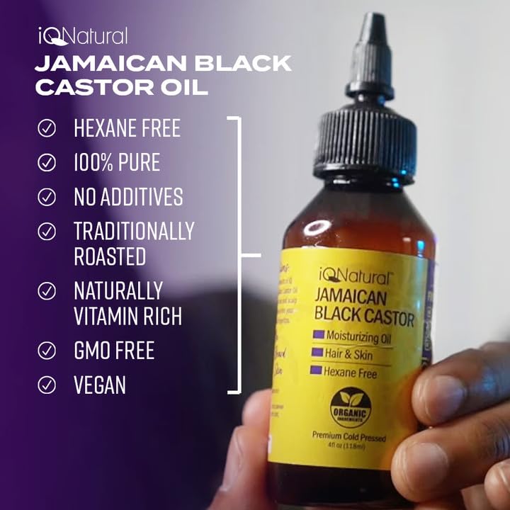 4oz Organic Cold Pressed Jamaican Black Castor Oil for Hair Growth and Damaged, Dry Scalp - Unscented, Hexane-Free IQNATURAL