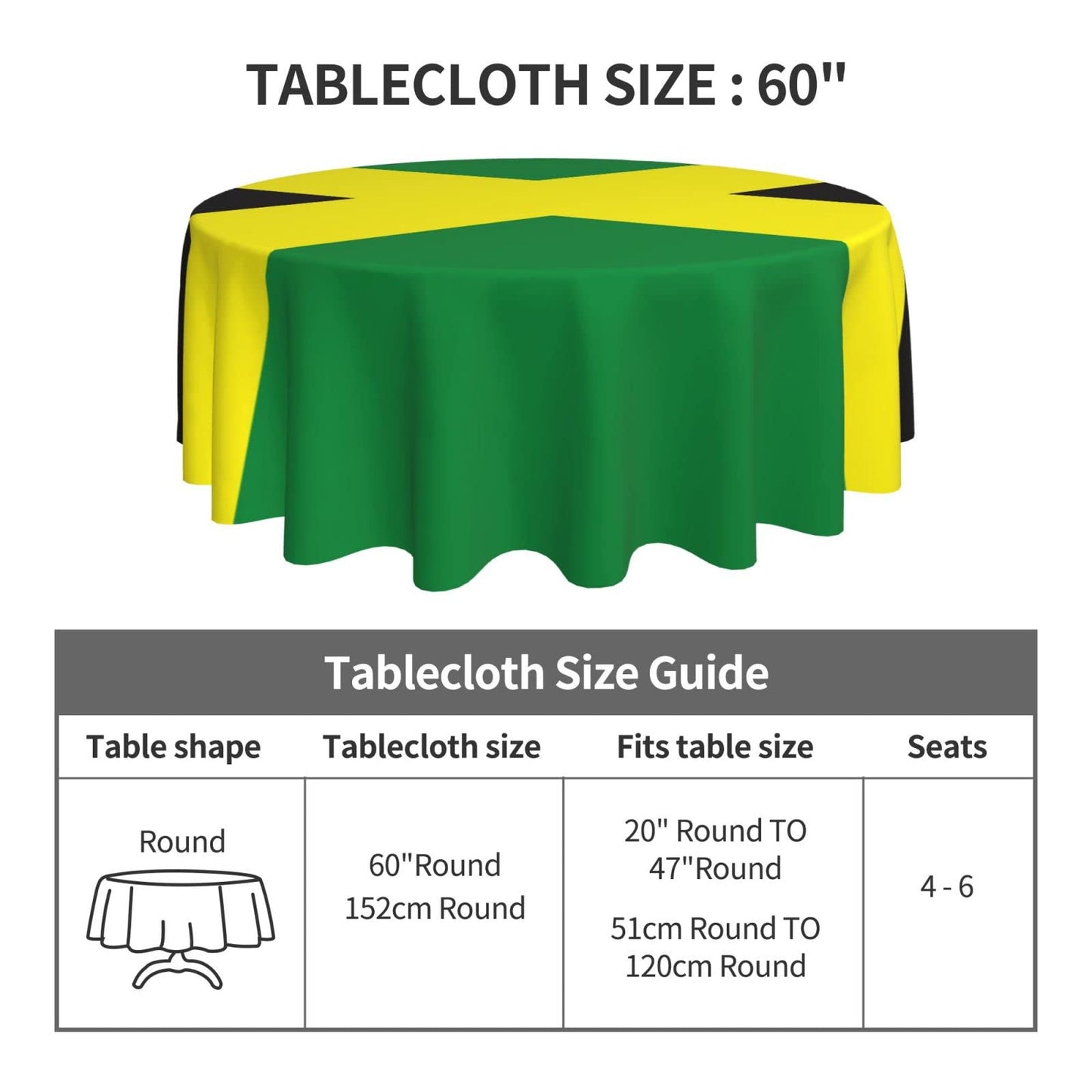 Teery-YY Jamaican Flag Pattern Round Tablecloth 60 inches Resistant Wrinkle Washable Table Cloth Cover for Home Dining Decor Kitchen Party Outdoor, Black, One Size Teery-YY