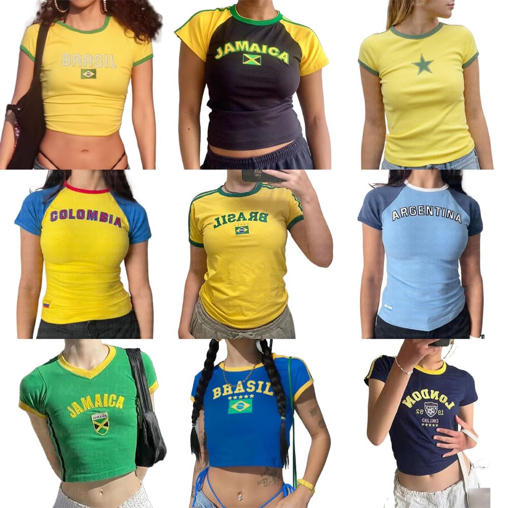 Vintage Graphic Baby Tees for Women Brazil Shirt Y2k Tops Mexico Crop Top Jersey 2000s Summer Going Out Tops MANGMAO