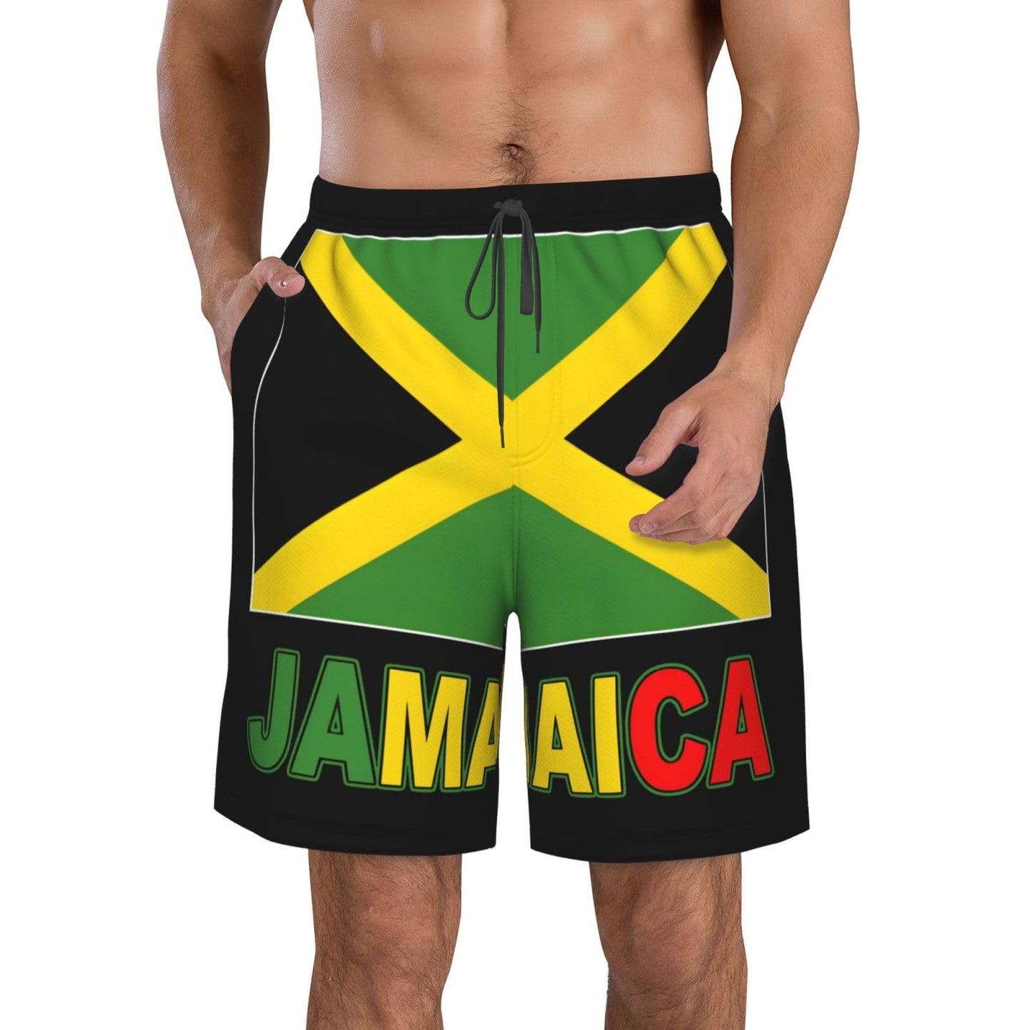 KAMQUERENCE Jamaica Flag Men's Swim Trunk Bathing Suit Hawaiian Swimsuits Mesh Lining Beach Shorts with Pockets Large KAMQUERENCE