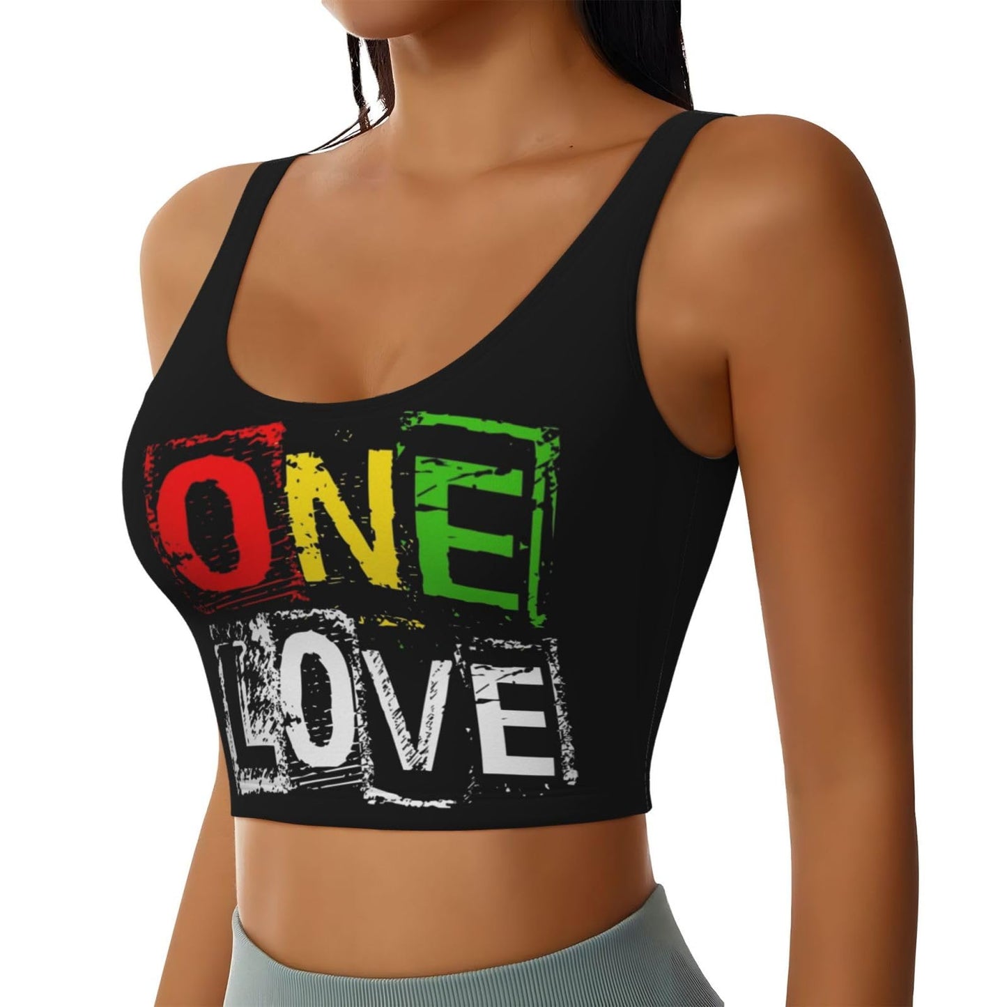 VTHXLOI One Love Jamaican Rasta Reggae Women's Sports Bra Yoga Crop Tank Tops Jamaica Workout Running Top Medium Black VTHXLOI