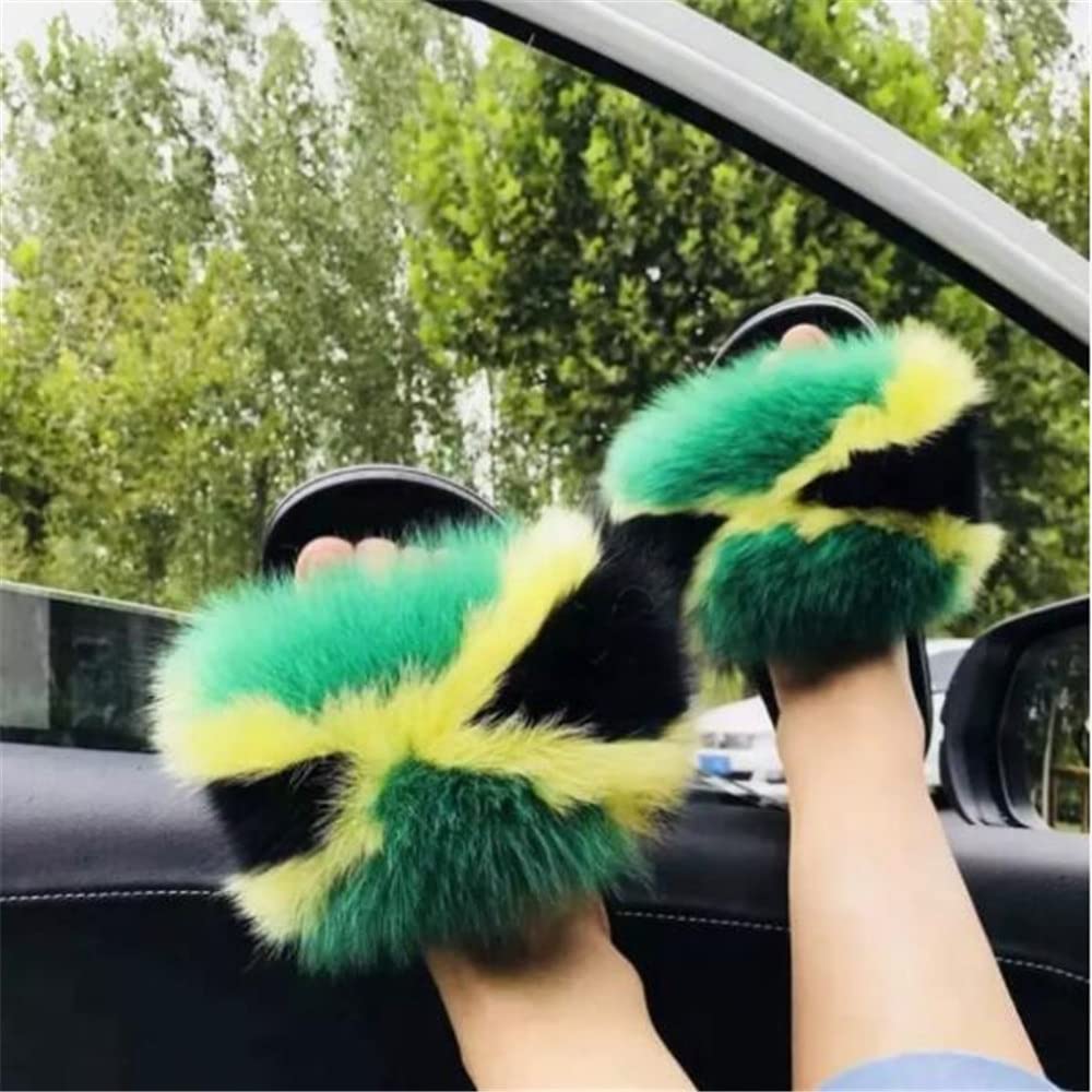 COOLSA Real Fur Slides for Women Fluffy Slides Fuzzy Sandals Open Toe Fox Fur Slippers Furry Flip Flops Indoor Outdoor Shoes COOLSA