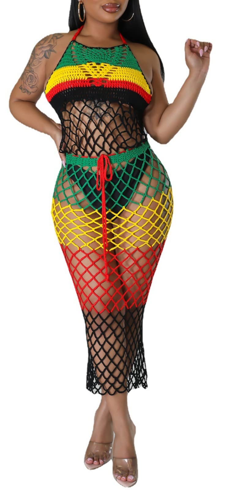 Womens Crochet Knitted Jamaican Cut Out Colorful Cover up Dress Bikinis Swimwear Rasta Dress Floral Medium SAMACHICA