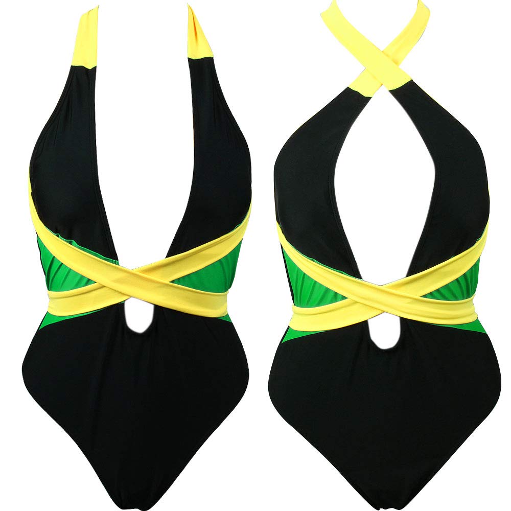 VOARYISA Women's One Piece Caribbean Flag Rasta Body Shaping Monokini Swimsuit Swimwear Bathing Suit (Small/4-6, Black) VOARYISA