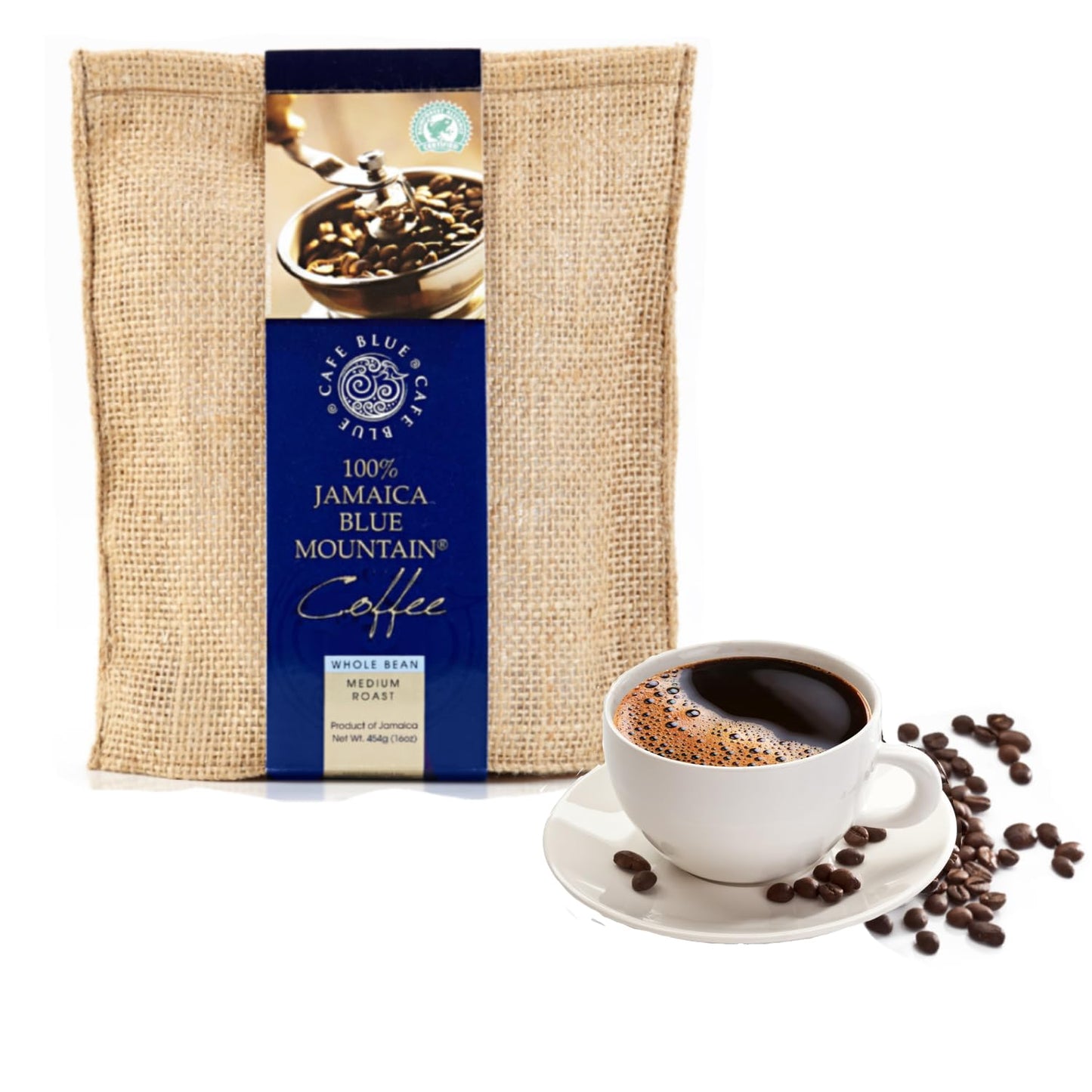 Cafe Blue – 100% Authentic Jamaica Blue Mountain Coffee from Clifton Mount Estate, Medium Roast Whole Bean Coffee, Premium Arabica Coffee Beans, Coffee Bag of 16 Ounces (1 Pound, 454 Grams) Cafe Blue Cafe Blue