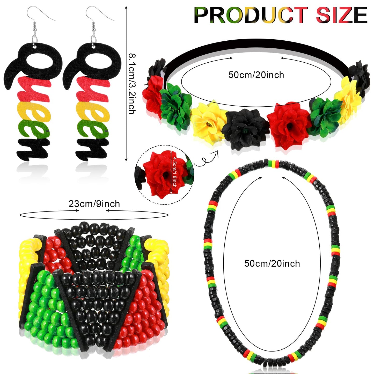 Jexine 4 Pieces Multicolor Beaded Jamaican Bracelet Wood Dangle Pierced Earrings Floral Flower Crown Stretch Headband Rasta Beads Necklace Jexine