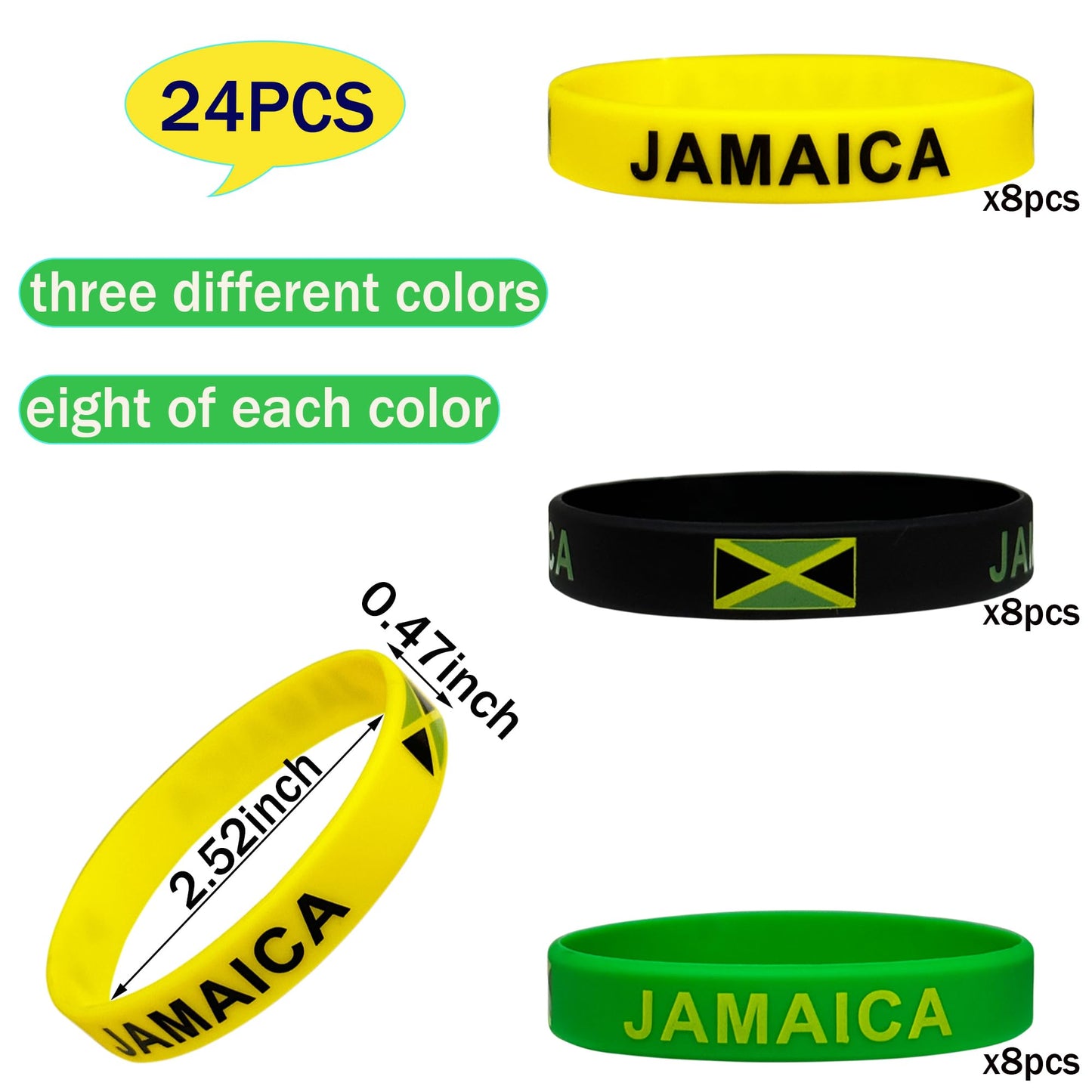 FSHANEE 24Pcs Jamaican Rubber Bracelets Jamaica Independence Day Party Favors Jamaican Flag Themed Party Supplies Silicone Wristbands Party Gift Bag Fillers Goodie Bag Stuff FSHANEE