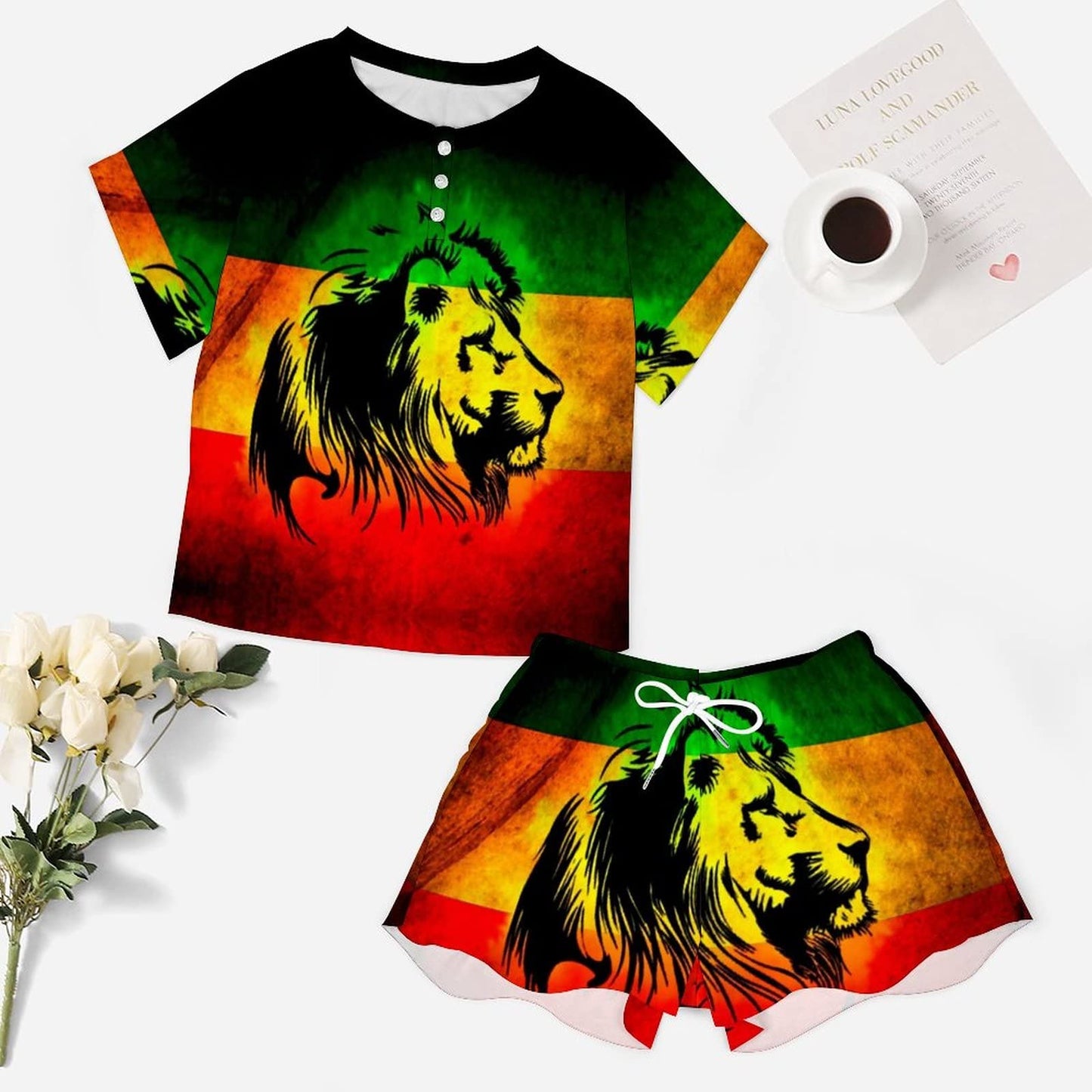 SEPTYK Jamaican Lion Flag Pattern Women Summer Pajamas Set Loungewear Sleepwear 2 Piece Outfits Short Sleeve Top & Shorts SEPTYK