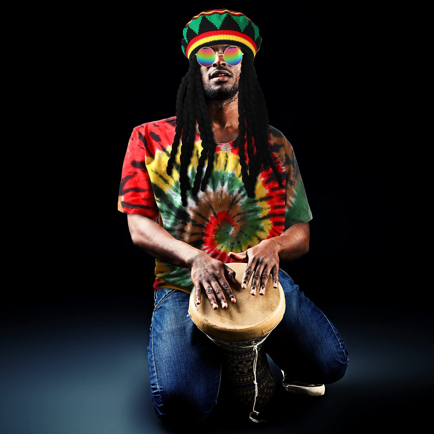 Boyiee Rasta Music Costumes Kit, 3 Pcs, Reggae Hat with Black Dreadlocks, Tie Dye T Shirt, Sunglasses, Jamaican Costume Kit (L) Boyiee