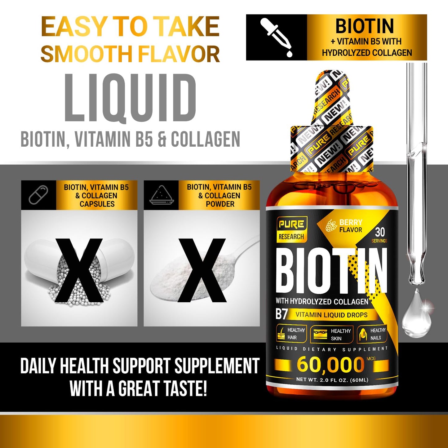 PURE RESEARCH Liquid Biotin & Collagen Hair Growth Drops 60,000mcg - Biotin and Liquid Collagen Supplement for Men & Women - Glowing Skin Support, Healthy Hair & Nail Growth - 2oz PURE RESEARCH