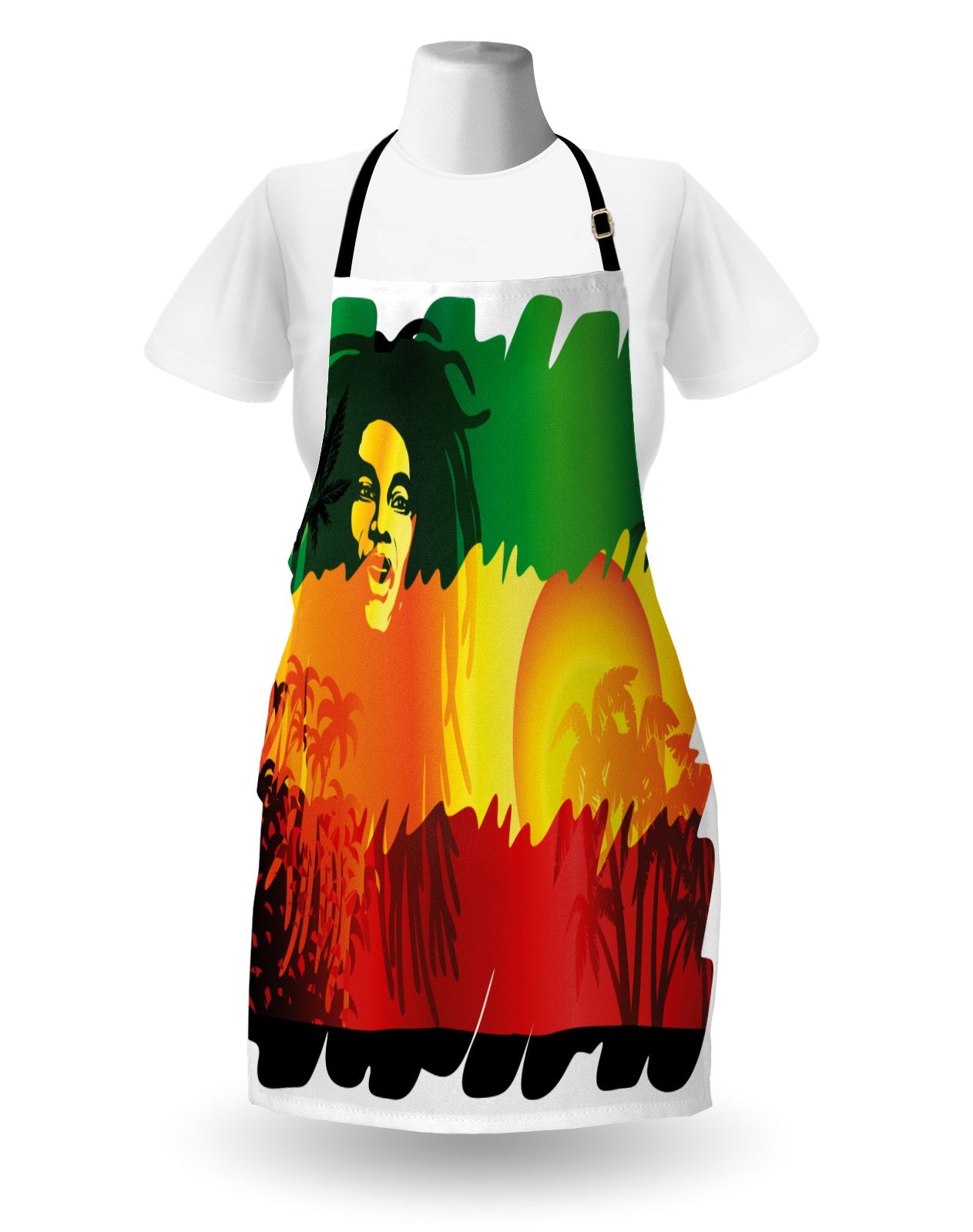 Ambesonne Rasta Apron, Iconic Reggae Music Singer Abstract Design Sun and Palm Trees, Unisex Kitchen Bib with Adjustable Neck for Cooking Gardening, Adult Size, Yellow Orange Ambesonne