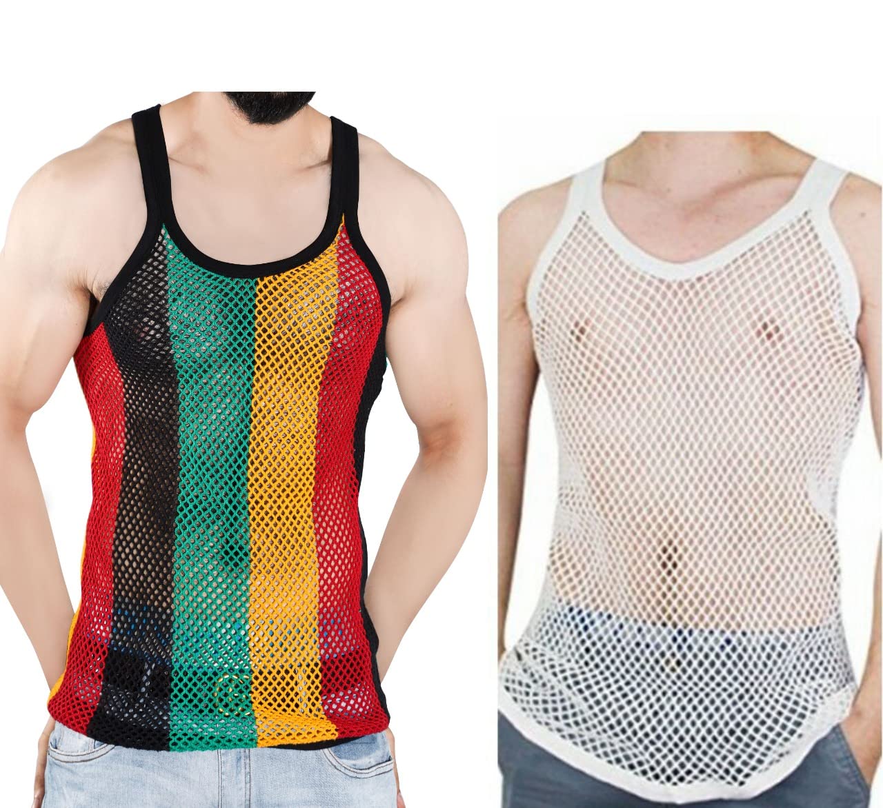 100% Cotton Rasta String Vest Workout Mens Tank Tops Mesh Fishnet Shirts Fitted Striped Mens Sport Tank Jamaican Marina Clossy London