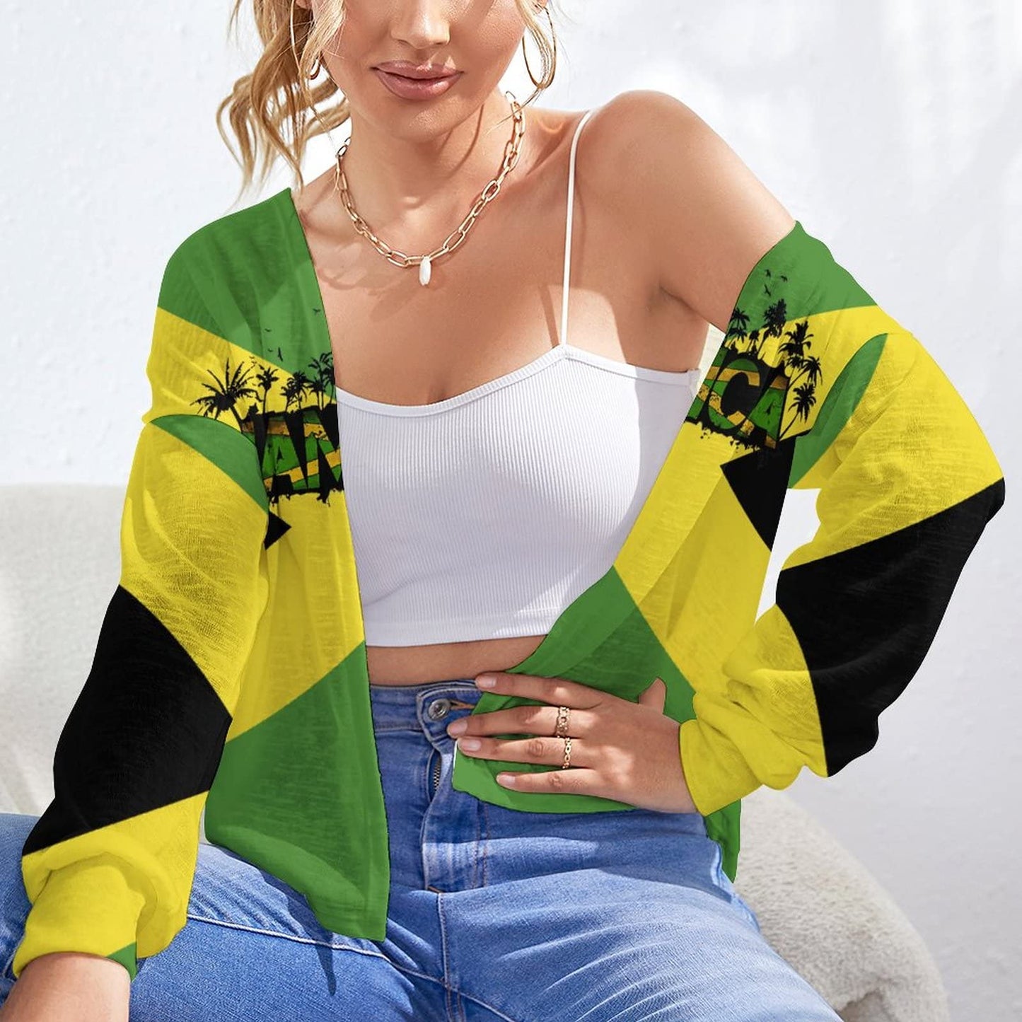 Jamaica Flag Drop Shoulder Cardigan for Women Summer Top S TAIZIYEAH