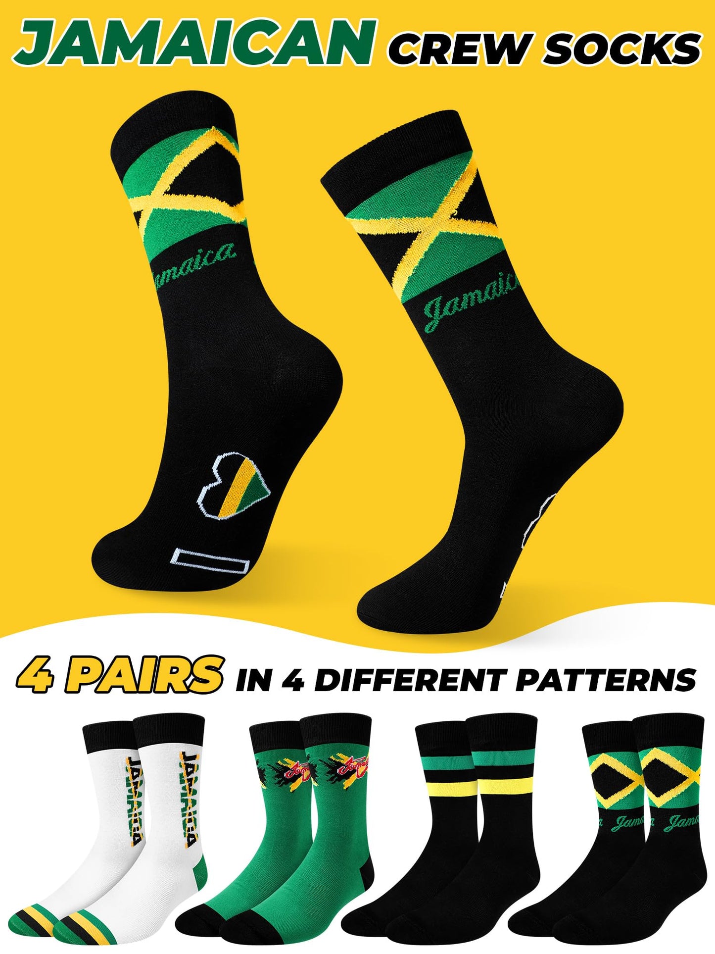 Cutecrop 4 Pairs Unisex Jamaican Crew Socks Novelty Funny Dress Socks Jamaican Flag Socks for Men Women Gifts Cutecrop
