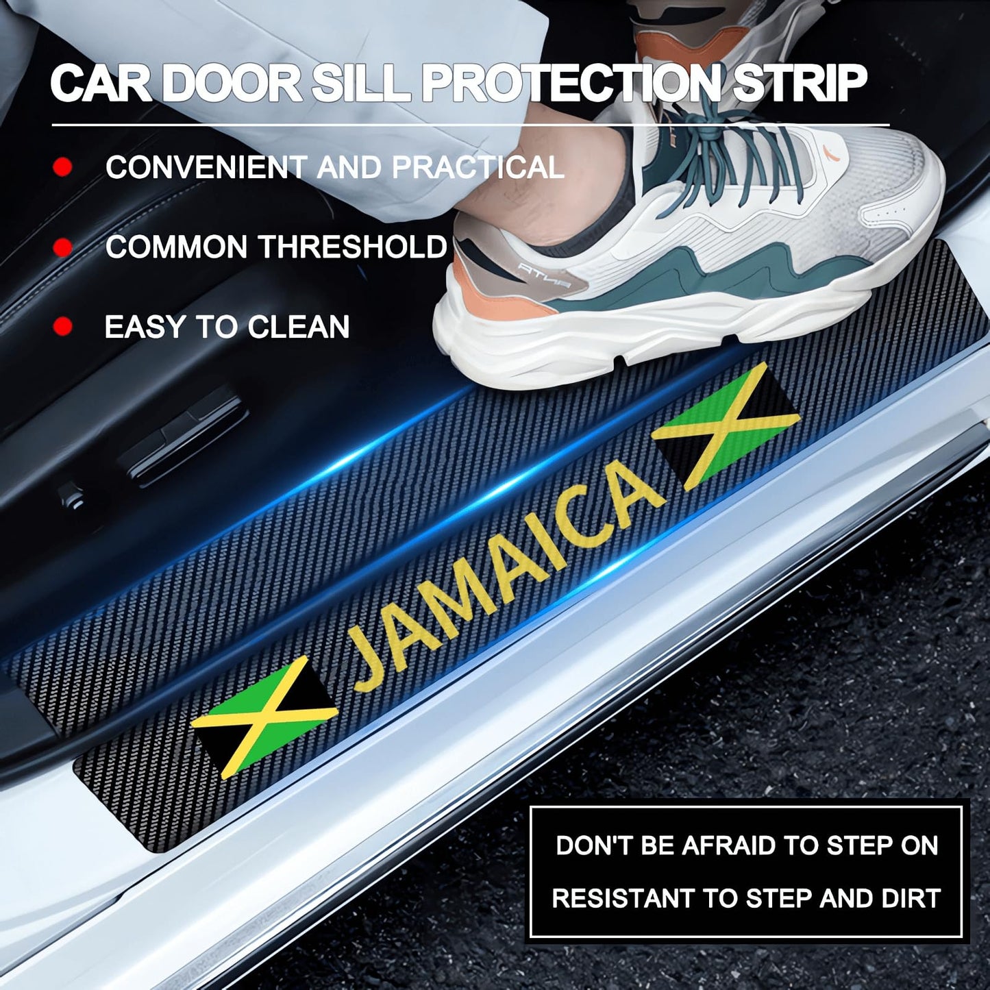 HKwroadrid 4pcs Jamaican Flag Glow in The Dark Carbon car Door sill Protector Luminescent Door Step Guards Edge Cover Protection car accesorios (Jamaican Flag ) HKwroadrid