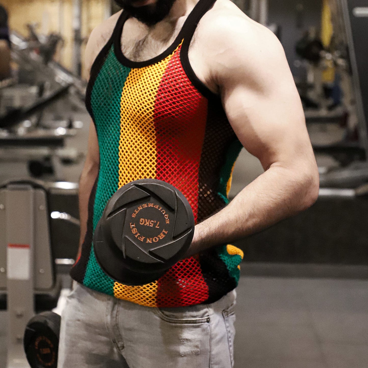 100% Cotton Rasta String Vest Workout Mens Tank Tops Mesh Fishnet Shirts Fitted Striped Mens Sport Tank Jamaican Marina Clossy London