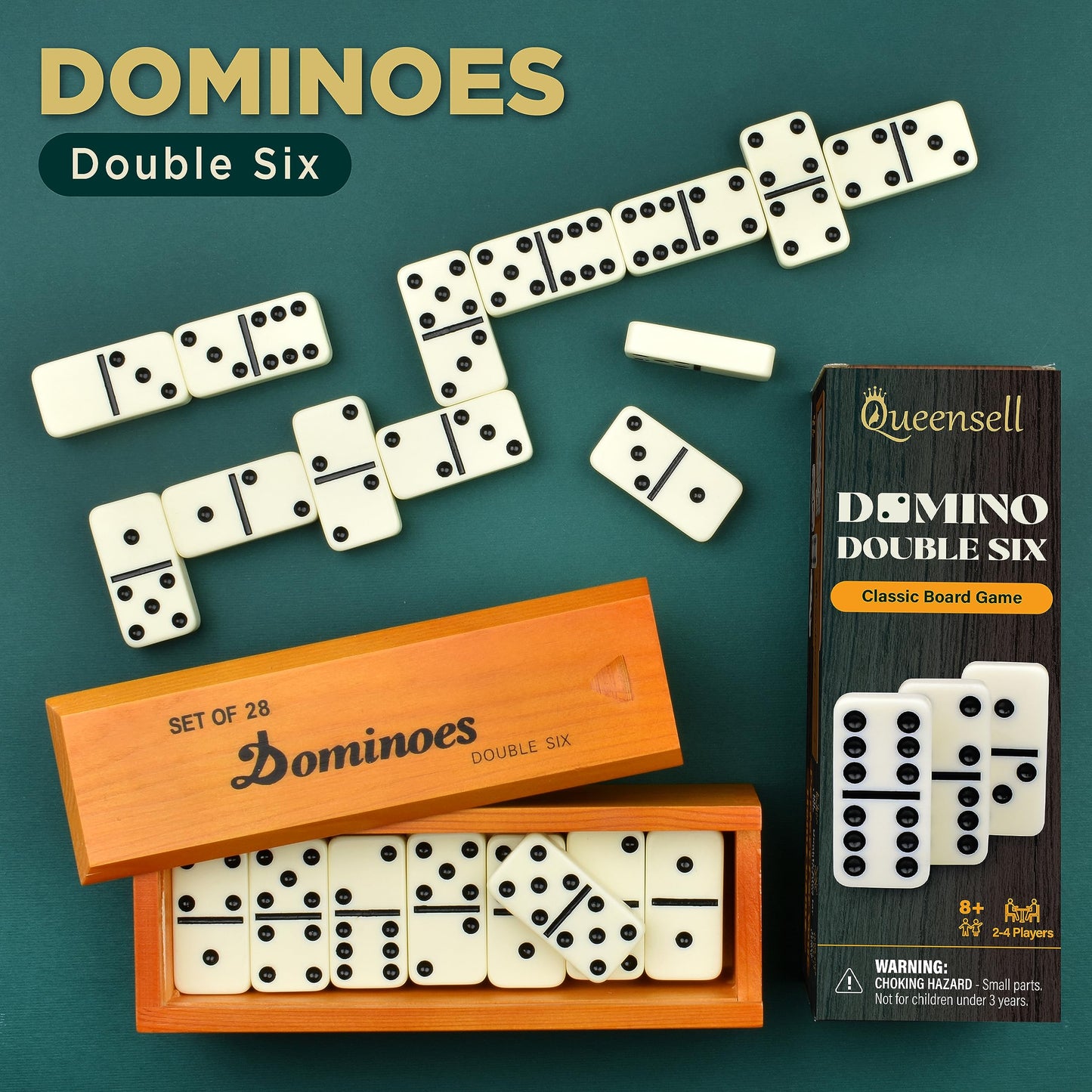Queensell Jumbo Dominoes Set for Adults and Kids – Domino Set for Classic Board Games – Jumbo Dominoes Double 6 for Travel Games – Dominos Set for Adults 28 Tiles with Brown Wood Case Queensell