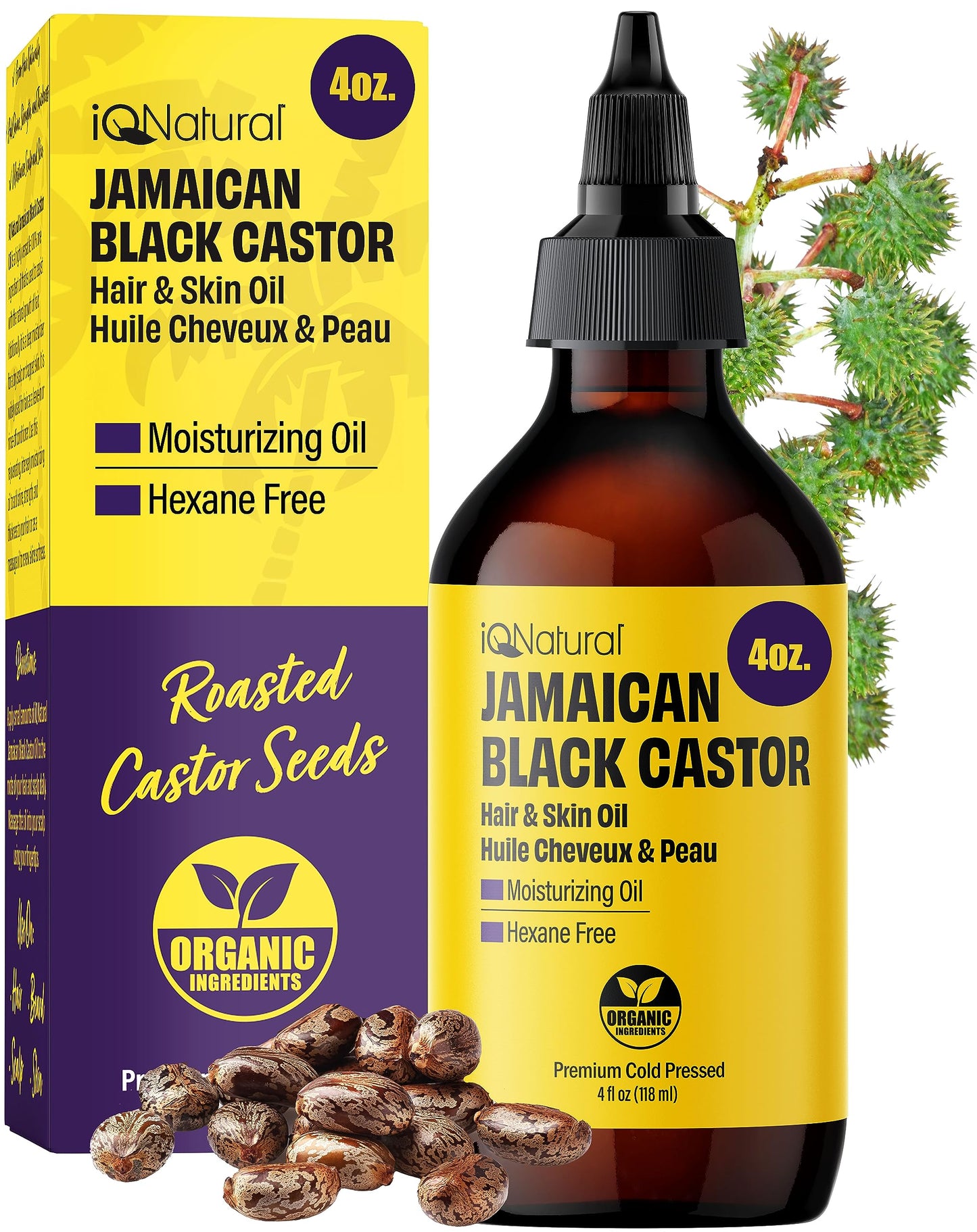 4oz Organic Cold Pressed Jamaican Black Castor Oil for Hair Growth and Damaged, Dry Scalp - Unscented, Hexane-Free IQNATURAL