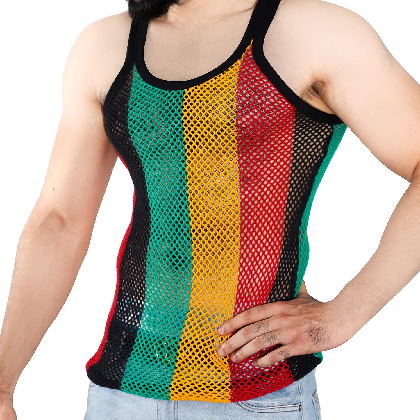 100% Cotton Rasta String Vest Workout Mens Tank Tops Mesh Fishnet Shirts Fitted Striped Mens Sport Tank Jamaican Marina Clossy London