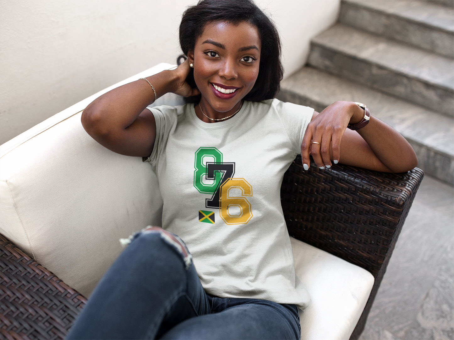 Jamaica Inspired Green, Black and Gold "876" Area Code (Women's Tee) Imaging876
