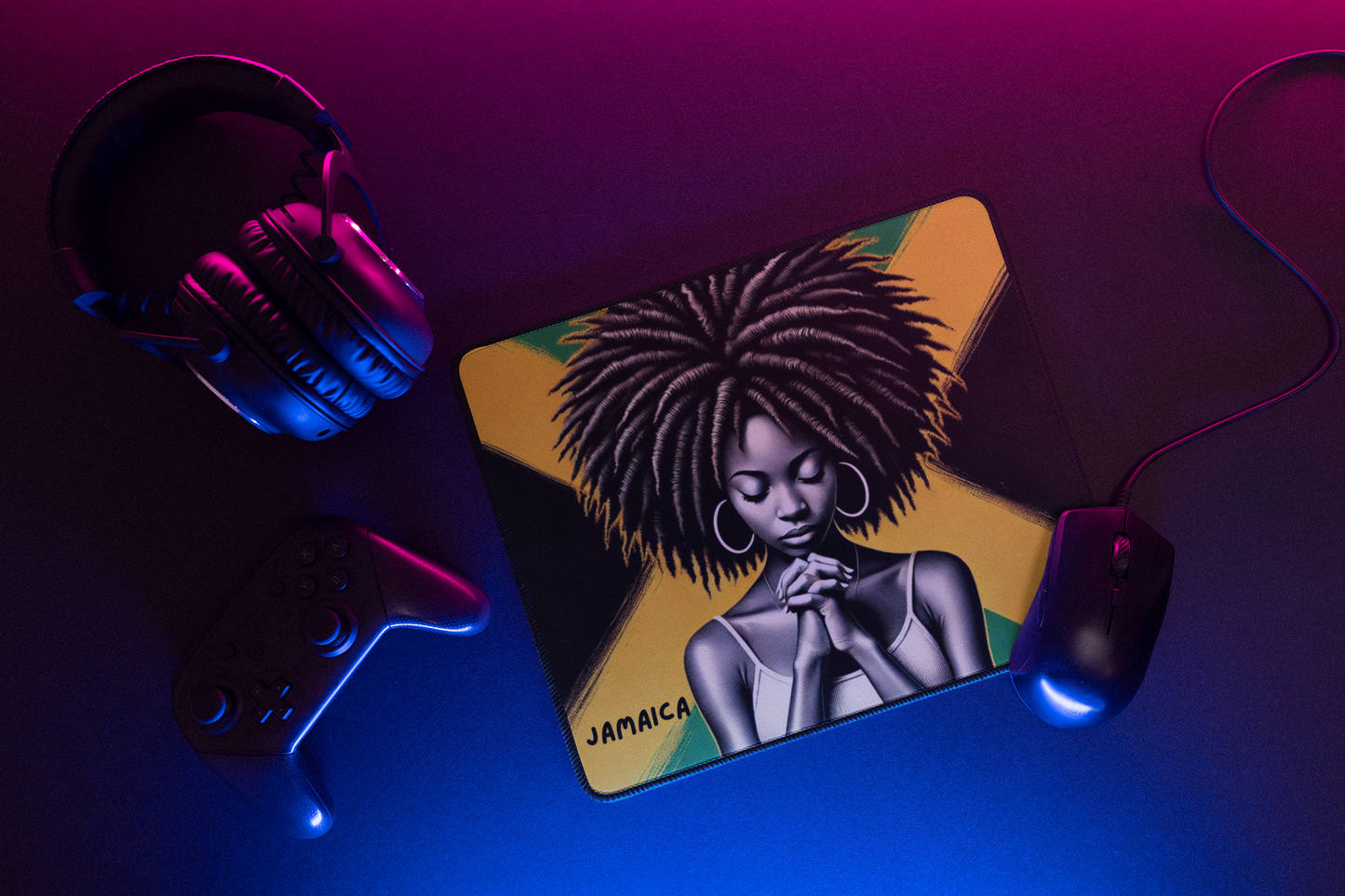 Jamaica Flag Mouse Pad with Girl Praying Hands – Vibrant, Waterproof, Non-Slip Mat for Computers & Laptops | Ideal for Men, Women & Kids