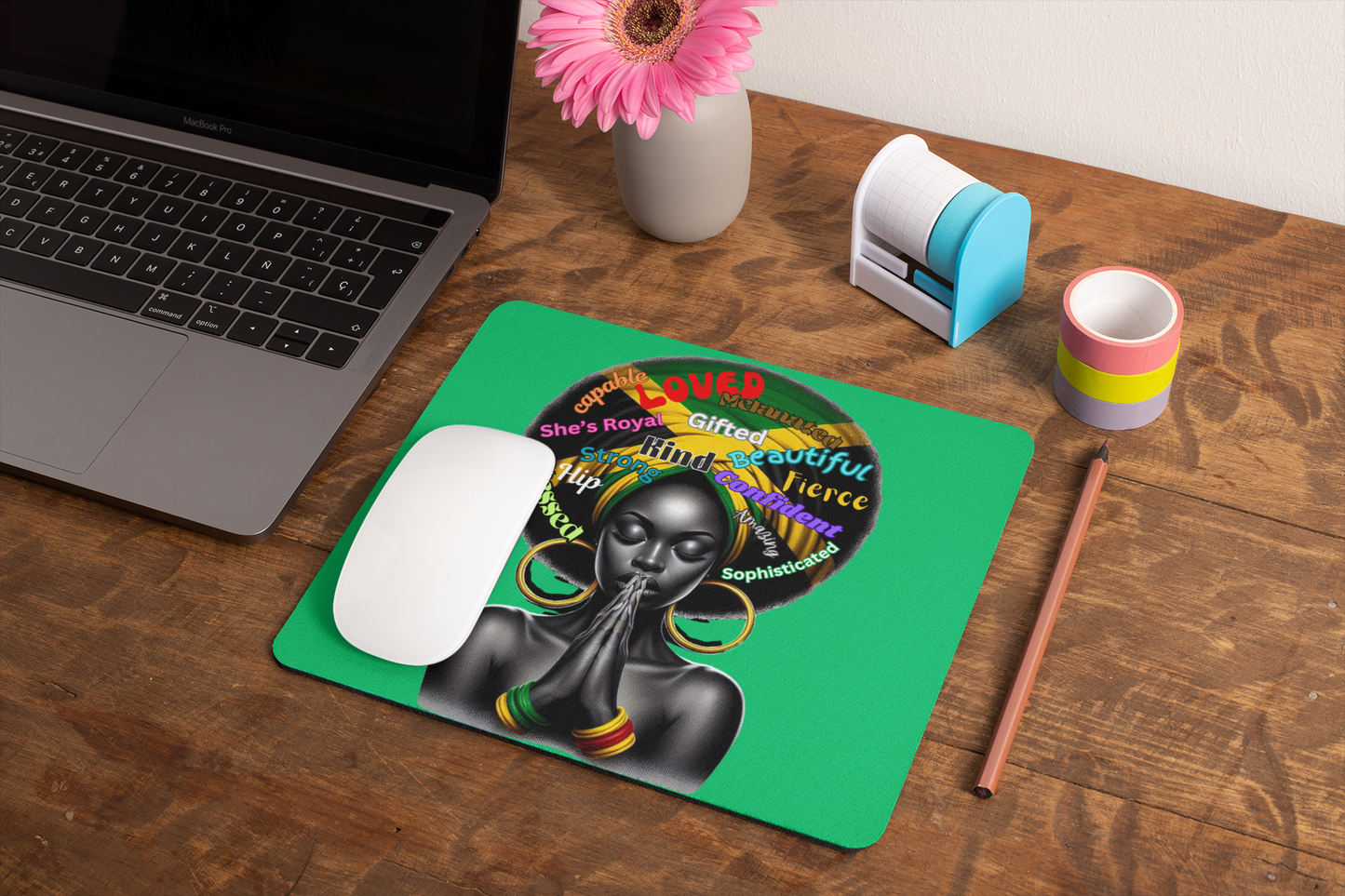 Imagine of a strong beautiful multifaceted Jamaican woman in prayer Mouse Pad – Vibrant, Waterproof, Non-Slip Mat for Computers & Laptops | Ideal for Men, Women & Kids