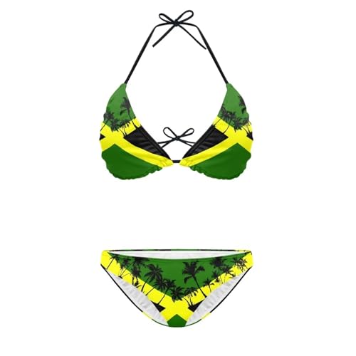 Jekioweii Jamaica Flag Palm Tree Women's Bikini Set Two Piece Swimsuit V-Neck Spaghetti Strap Triangle Halter Top with Low Rise Bottom Sexy Bathing Suit Jekioweii