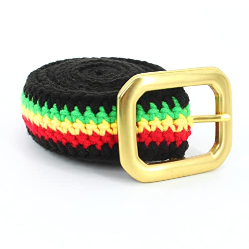 VOARYISA Hand Knitted Cotton Women's Belt With Black Zinc Alloy Brass Buckle Jamaican Rasta Afro Caribbean (brass) VOARYISA