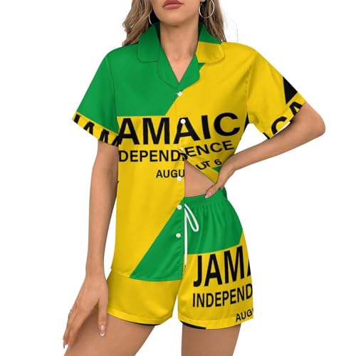 Delerain Jamaica Flag Womens Pajama Sets 2-Piece Short Sleeve Sleepwear Soft Satin Button Down Loungewear Pjs Shorts Set XS-2XL Delerain