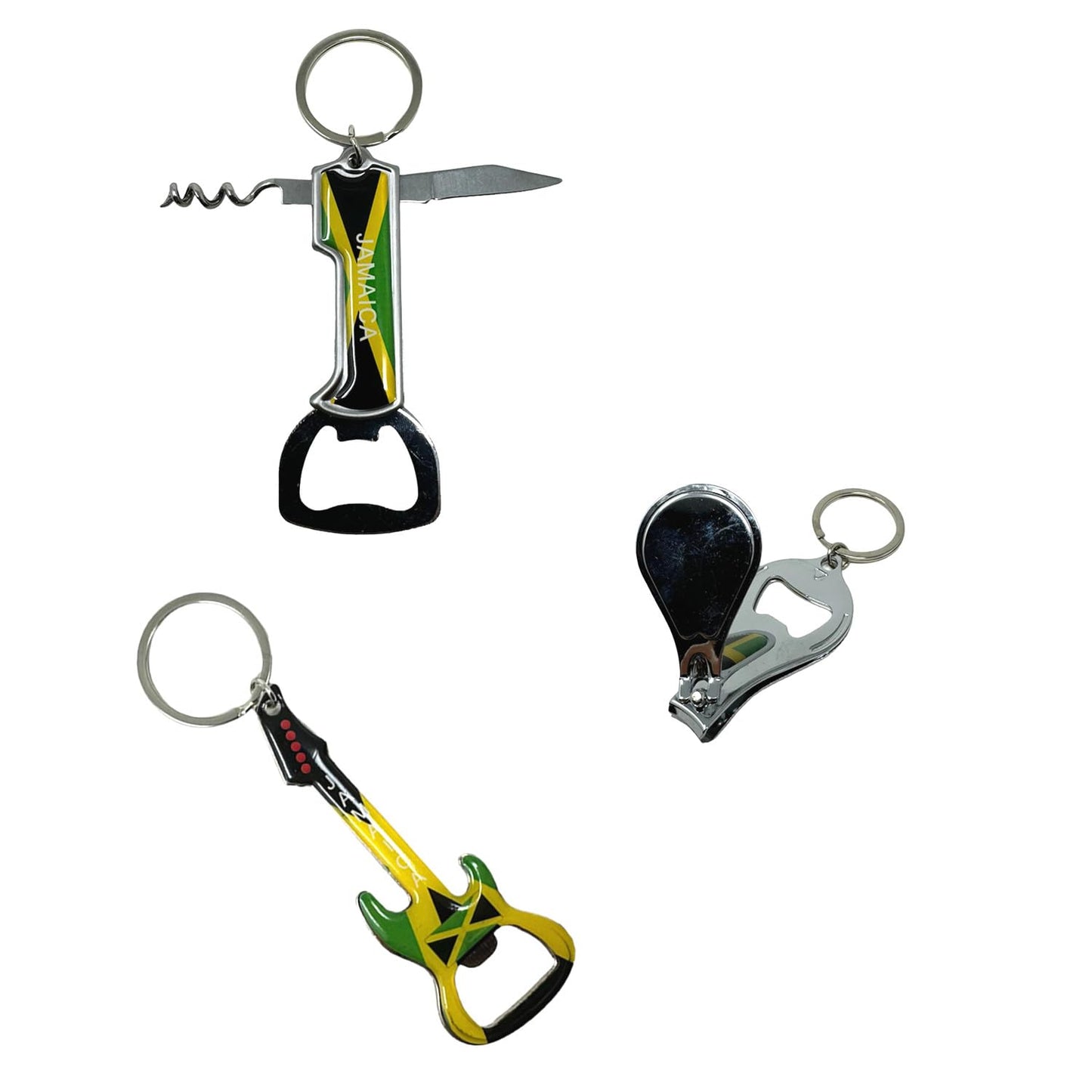 TSY TOOL 3 Pack Jamaica Keychains Country Metal Keychain, 3 Bottle Opener, Nail Clipper, Guitar, Patriotic Souvenir Keychains, Car Keys, Gift, Bulk TSY TOOL