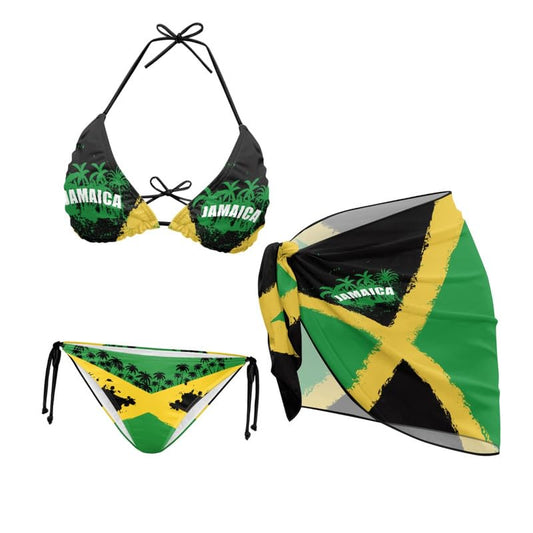 Irisjudy Jamaica Island Print Women's 3 Piece Bikini Set Short Bathing Suit Sarong Skirt, Jamaica Flag Casual Halter Swimsuit with Wrap Cover Up Irisjudy