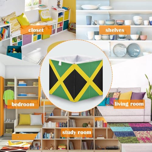 Ruhho Jamaican Flag Foldable Storage Cubes Baskets with Handles, Fabric Storage Bins, Clothes Toys Storage Box for Nursery Closet Shelves Organizer Ruhho