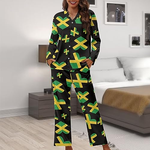 Coloranimal Jamaican Flag Pajamas Sets for Women Plus Size Rainbow Love Heart Print Soft Sleepwear Long Sleeve Pjs Lounge Set 2 Pcs Includes Button Down Shirts and Pants V Neck Nightwear Coloranimal