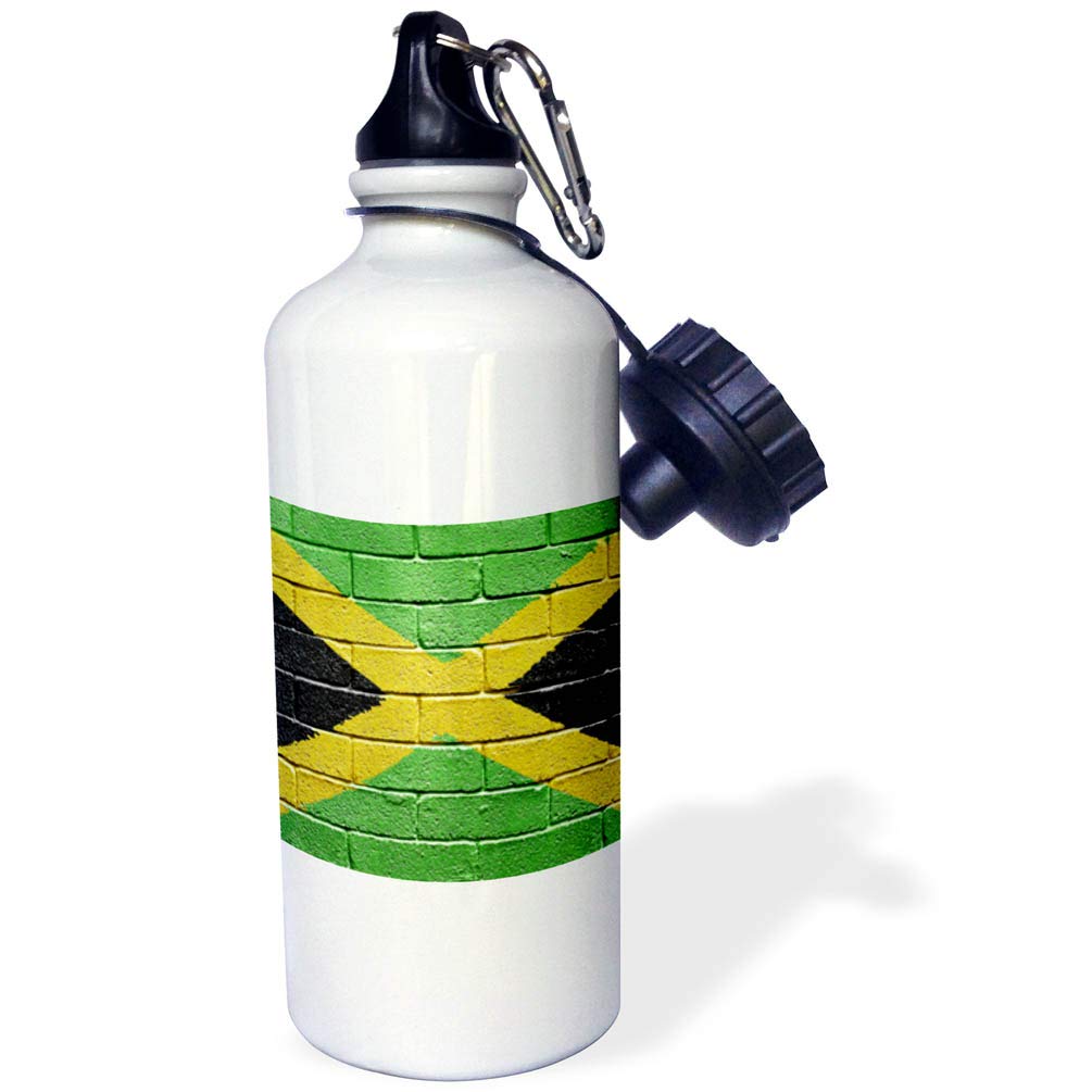 3dRose "National flag of Jamaica painted onto a brick wall Jamaican" Sports Water Bottle, 21 oz, White 3dRose