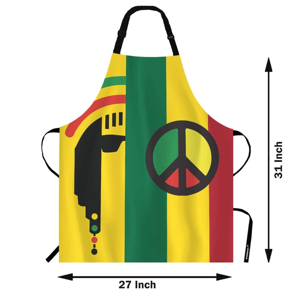 WONDERTIFY Reggae Culture Concept Design Apron,Jamaican Music Culture Hippie Rasta Style Yellow Green Red Bib Apron with Adjustable Neck for Men Women,Suitable for Home Kitchen Cook Baking BBQ Apron WONDERTIFY