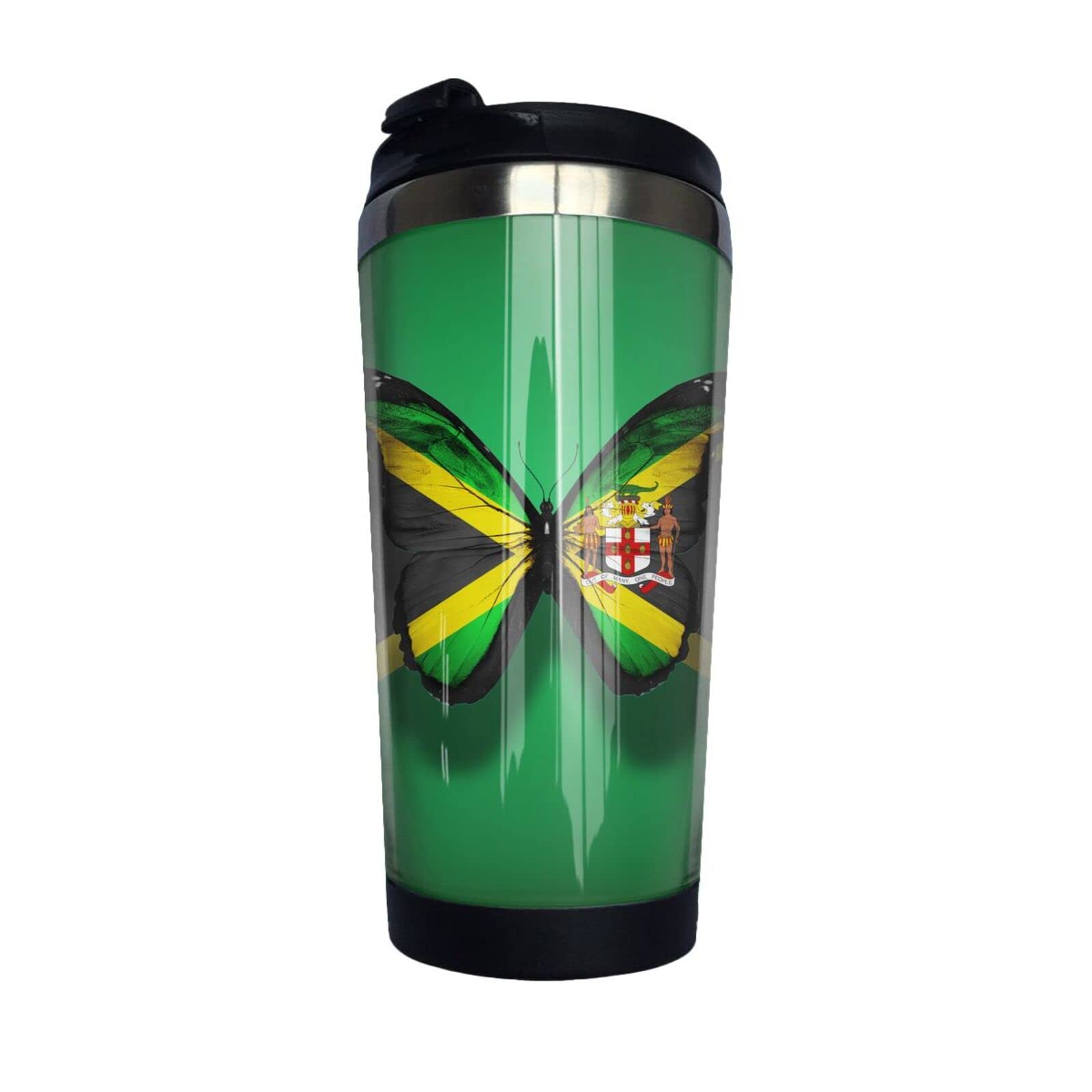 VunKo 14oz Jamaica Flag Butterfly Stainless Steel Tumbler with Lid, Vacuum Insulated Thermal Coffee Mug, Double Wall Plastic Reusable Cups VunKo