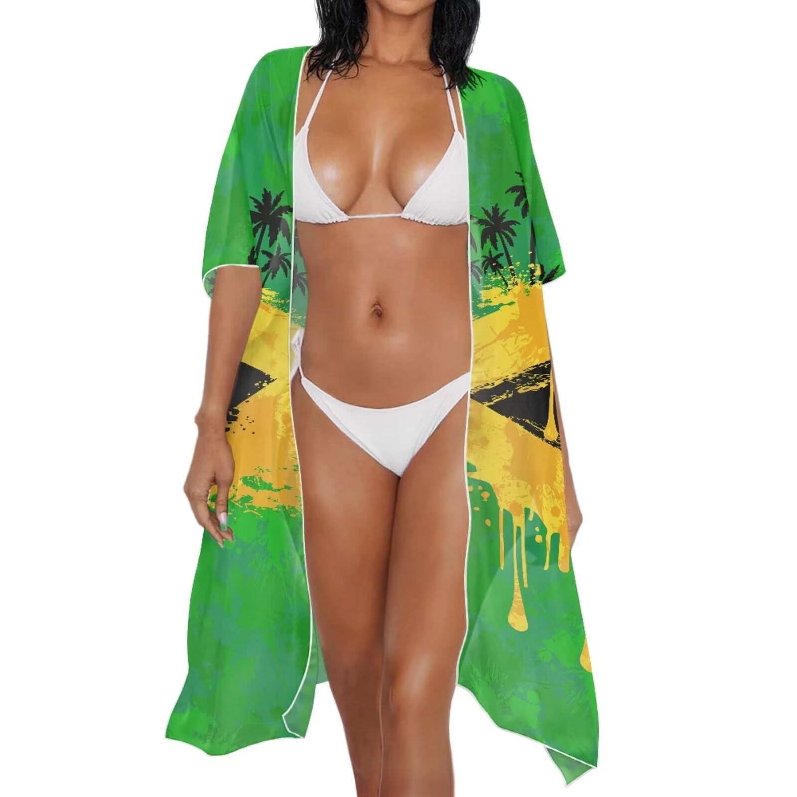 Psaytomey Swim Cover Up for Women Trendy Jamaican Flag Tree Print Sheer Cardigan Soft Swimwear Beach Cover Up Bathing Suit Cover Up Casual Loose Blouse Tops Psaytomey