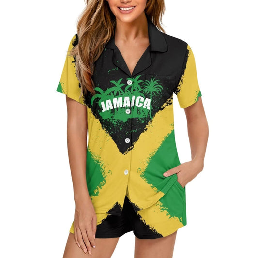 Belidome Jamaican Flag Hawaiian Womens Summer Pajamas Set 2 Piece Short Sleeve Button Up Pjs Loungwear Sleepwear Soft Comfy Lightweight Belidome