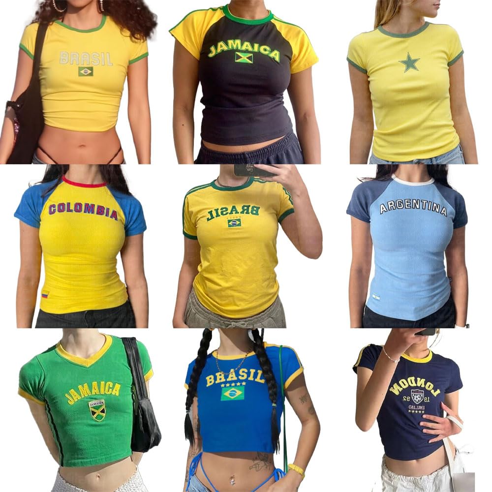 Vintage Graphic Baby Tees for Women Brazil Shirt Y2k Tops Mexico Crop Top Jersey 2000s Summer Going Out Tops MANGMAO