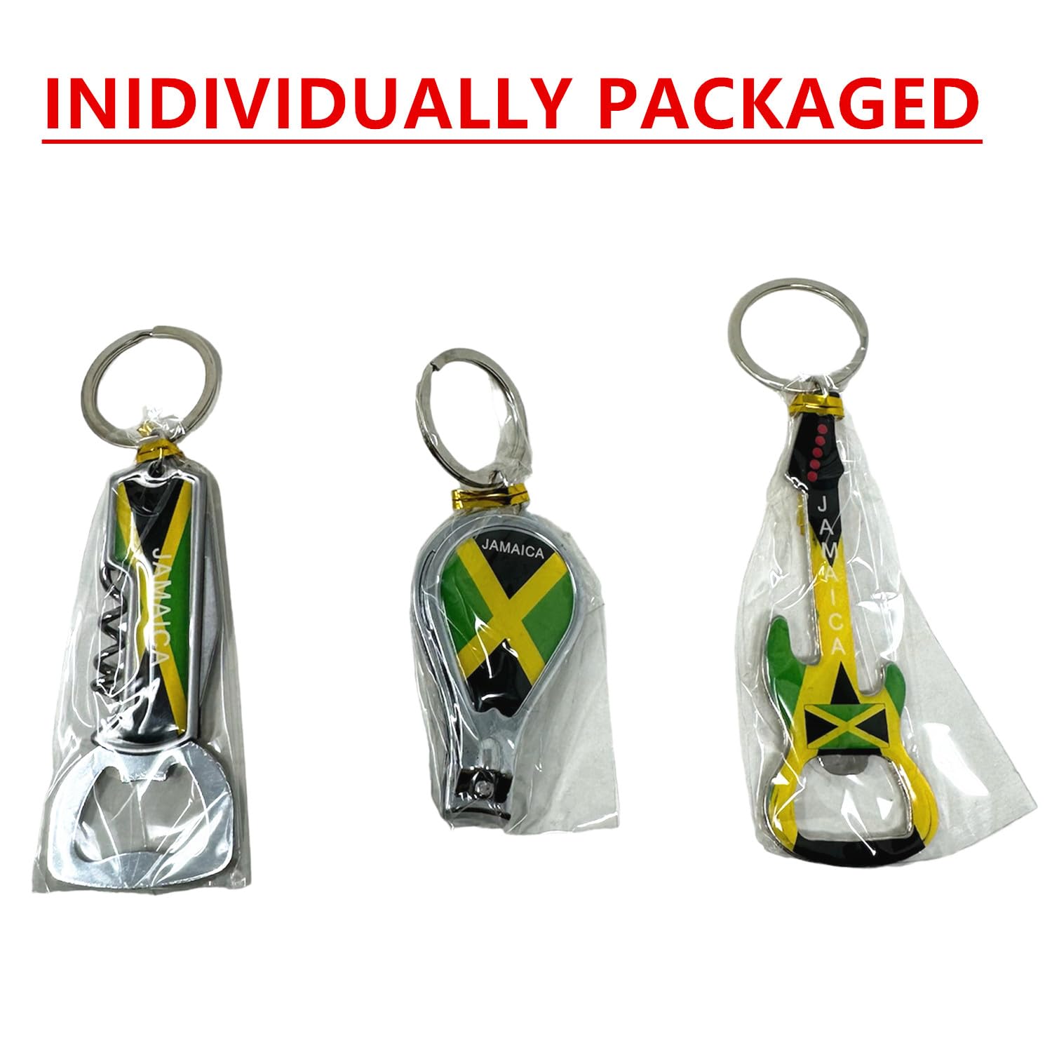 TSY TOOL 3 Pack Jamaica Keychains Country Metal Keychain, 3 Bottle Opener, Nail Clipper, Guitar, Patriotic Souvenir Keychains, Car Keys, Gift, Bulk TSY TOOL