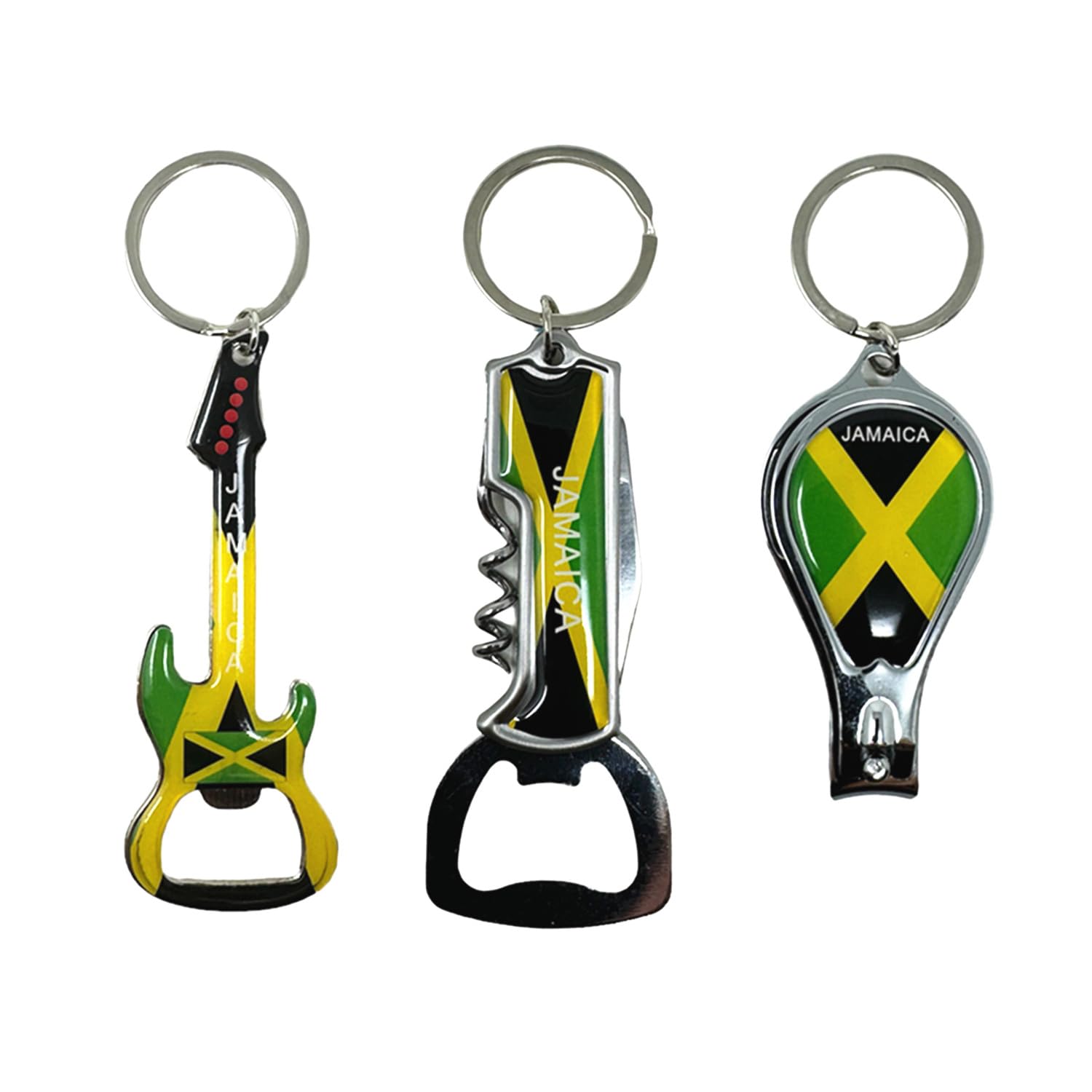 TSY TOOL 3 Pack Jamaica Keychains Country Metal Keychain, 3 Bottle Opener, Nail Clipper, Guitar, Patriotic Souvenir Keychains, Car Keys, Gift, Bulk TSY TOOL