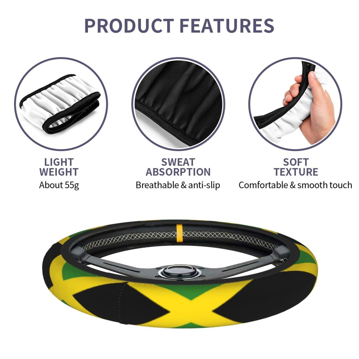 Jamaican Flag Steering Wheel Cover, Non Slip Durable Auto Car Accessories Universal 15 Inch AIMASTZ