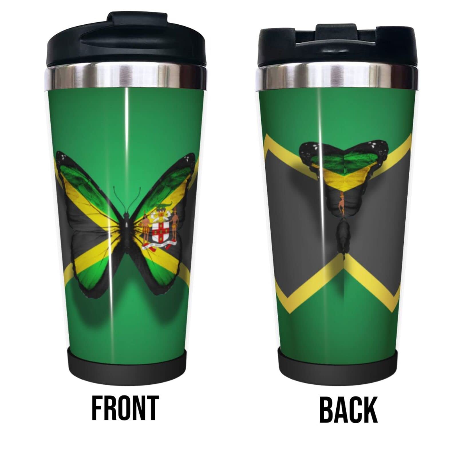 VunKo 14oz Jamaica Flag Butterfly Stainless Steel Tumbler with Lid, Vacuum Insulated Thermal Coffee Mug, Double Wall Plastic Reusable Cups VunKo