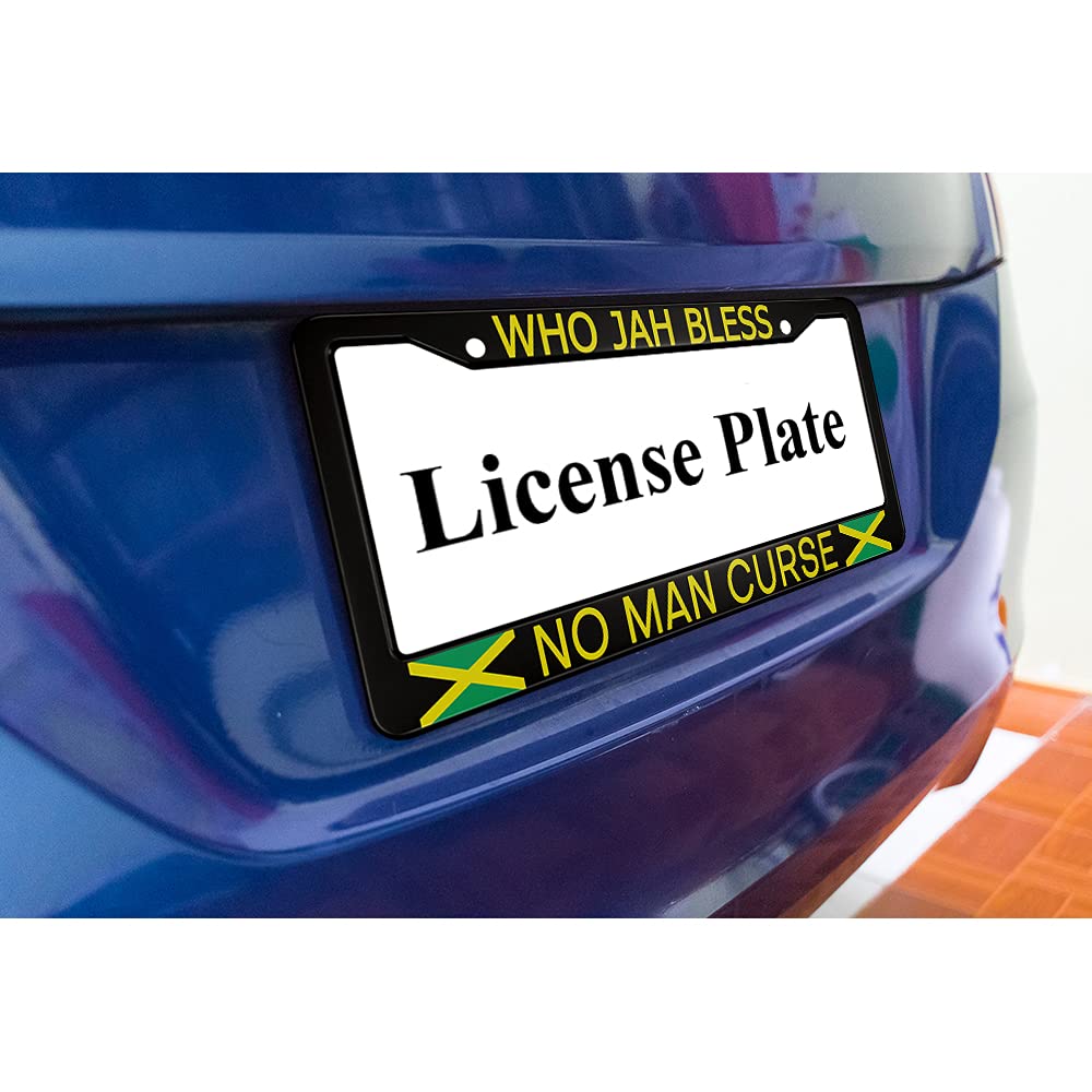 oFloral Who Jah Bless No Man Curse Aluminum Alloy License Plate Frame Jamaican Flag Green Black Yellow Color Applicable to US Standard Car Metal Front Car Tag Frame Cover Holder for Women Men(1 Pack) oFloral