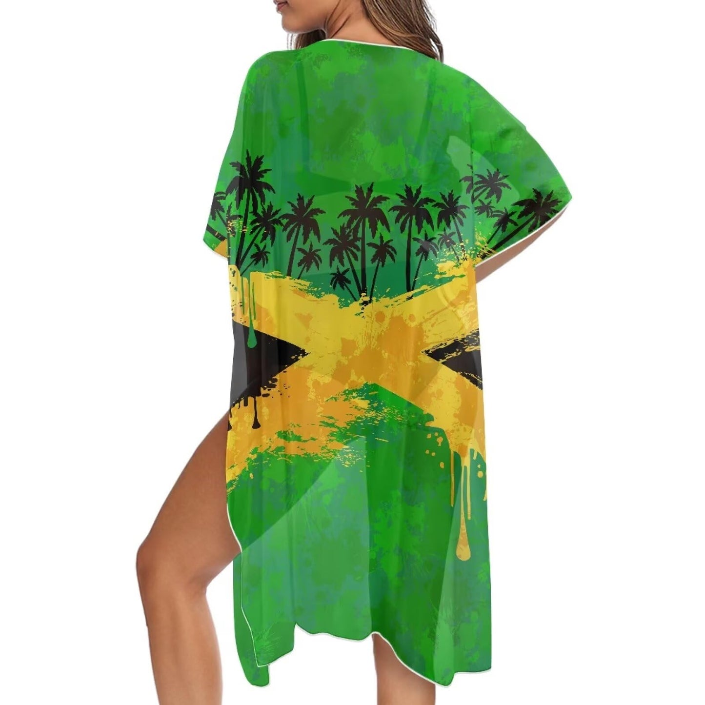 Psaytomey Swim Cover Up for Women Trendy Jamaican Flag Tree Print Sheer Cardigan Soft Swimwear Beach Cover Up Bathing Suit Cover Up Casual Loose Blouse Tops Psaytomey