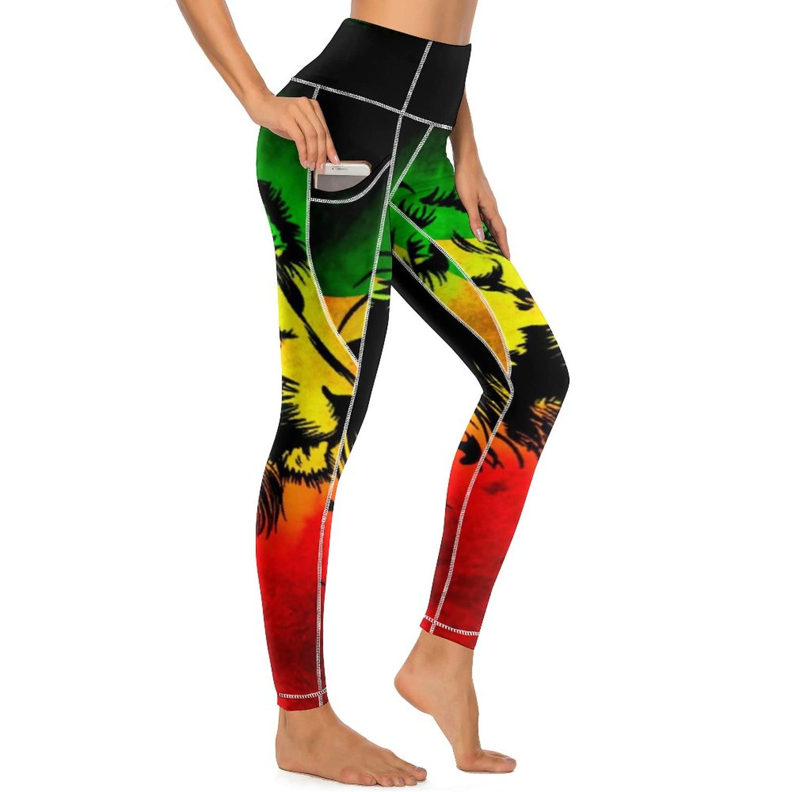 Bagea-Ka Jamaican Lion Flag Pattern High Waisted Leggings for Women Yoga Pants with Pocket Workout Sports Athletic Bagea-Ka