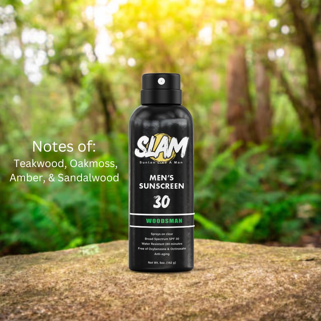 SLAM WoodsMan - Men's Scented Sunscreen, SPF Sunscreen Spray, Water Resistant Sunscreen, Octinoxate & Oxybenzone Free, Broad Spectrum UVA/UVB Sunscreen Slam Lotion