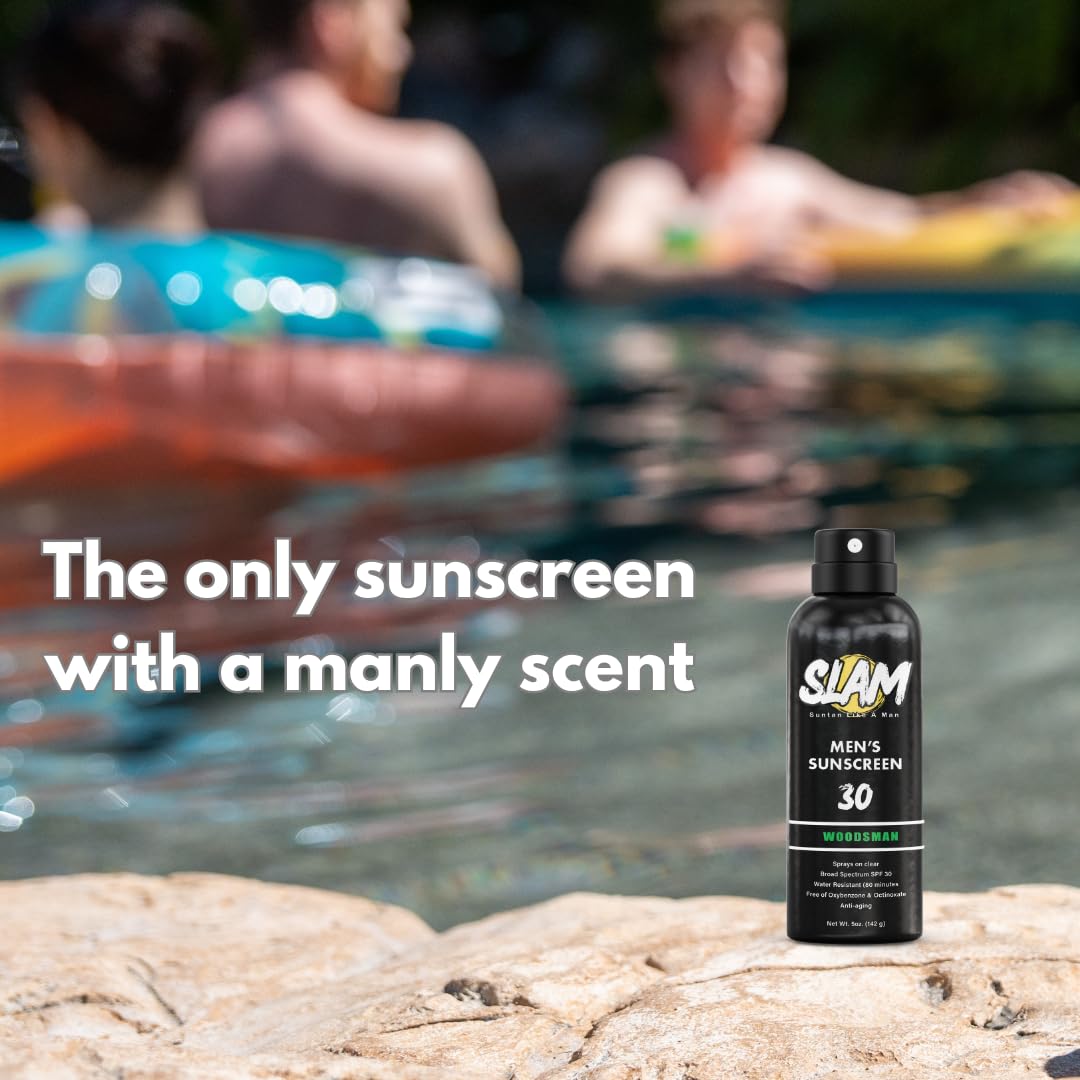 SLAM WoodsMan - Men's Scented Sunscreen, SPF Sunscreen Spray, Water Resistant Sunscreen, Octinoxate & Oxybenzone Free, Broad Spectrum UVA/UVB Sunscreen Slam Lotion